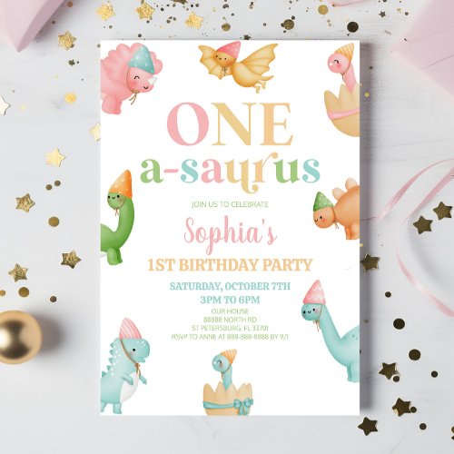 One A_Saurus Dinosaur 1st First Birthday Party Invitation