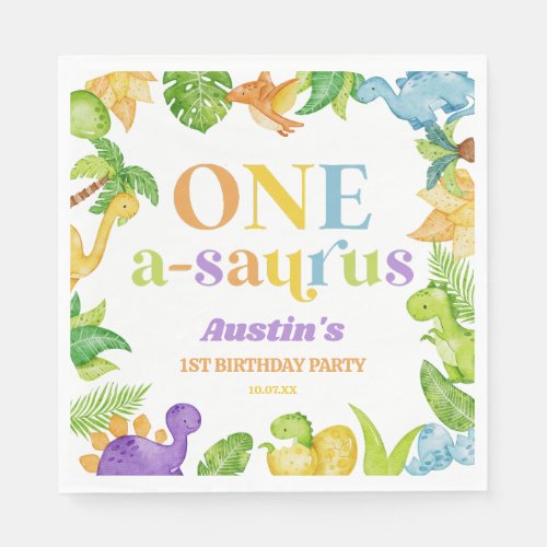 One A_Saurus Dinosaur 1st First Birthday Party Napkins