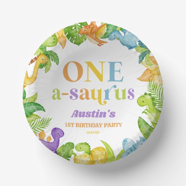 One A-Saurus Dinosaur 1st First Birthday Party Paper Bowls (Front)