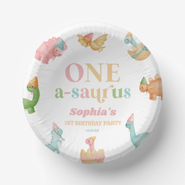 One A-Saurus Dinosaur 1st First Birthday Party Paper Bowls (Front)