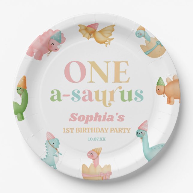 One A-Saurus Dinosaur 1st First Birthday Party Paper Plates (Front)