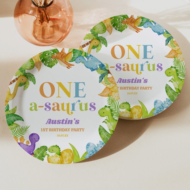 One A-Saurus Dinosaur 1st First Birthday Party Paper Plates (Creator Uploaded)