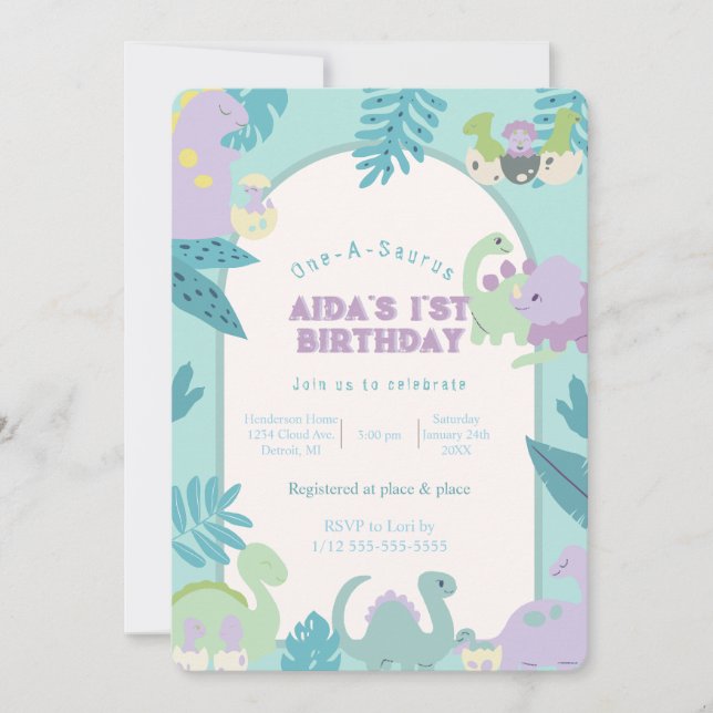 One-A-Saurus dinosaur birthday invitation (Front)