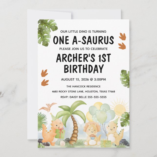 One A-Saurus Dinosaur Birthday  Invitation (Front)