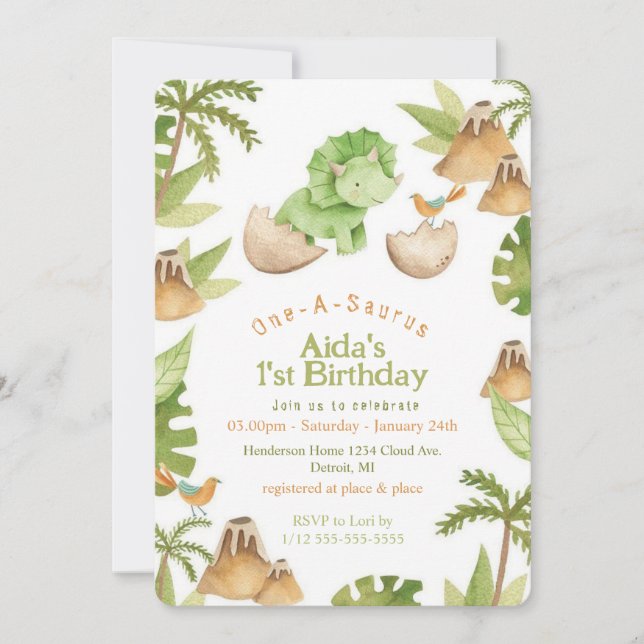 One-A-Saurus dinosaur birthday Invitation (Front)