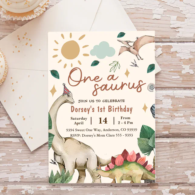 One a Saurus Dinosaur Boy 1st First Birthday Invitation | Zazzle