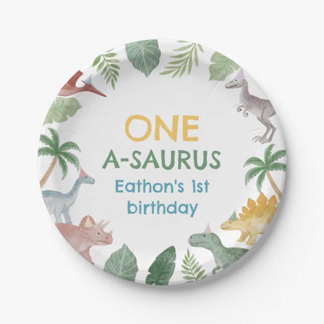 One A Saurus Dinosaur Boy Birthday Paper Plates (Front)