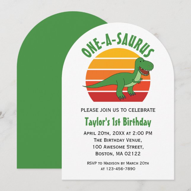 One-A-Saurus Dinosaur Gender Neutral 1st Birthday Invitation (Front/Back)