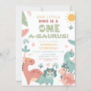 One A-saurus Dinosaur Kid's 1st Birthday Party Invitation