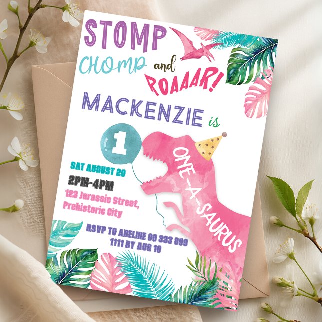 One-A-Saurus Pink Dinosaur 1st Birthday Girl Invitation (One-A-Saurus Pink Dinosaur 1st Birthday Girl Invitation)