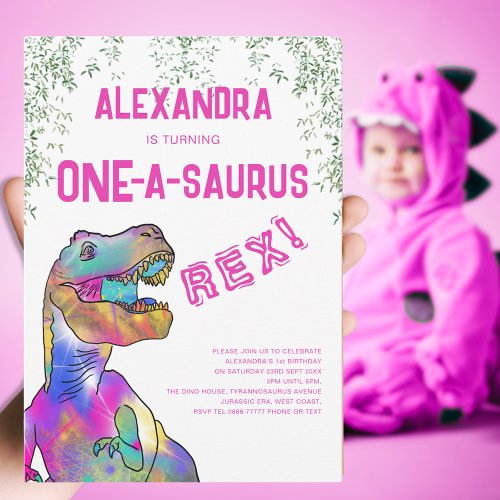 One_A_Saurus Pink Dinosaur 1st Birthday Party Invitation