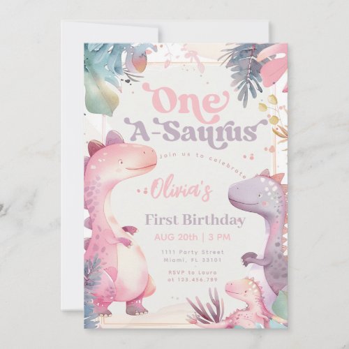 One_A_Saurus Pink Dinosaur Girl 1st First Birthday Invitation