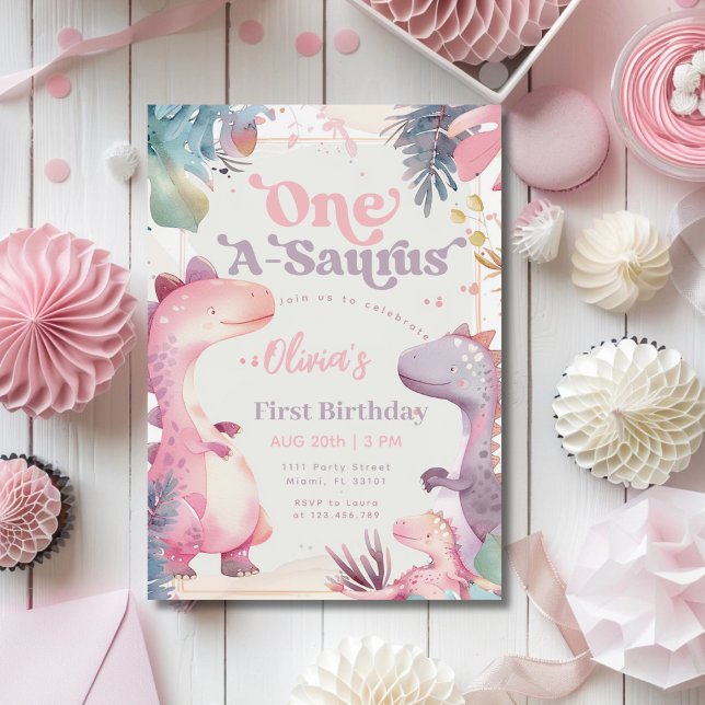 One-A-Saurus Pink Dinosaur Girl 1st First Birthday Invitation (Creator Uploaded)