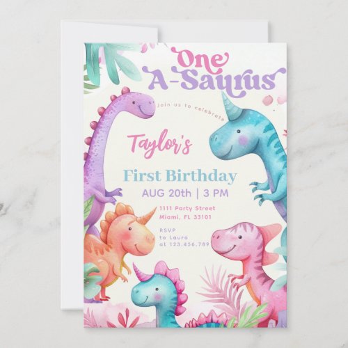 One_A_Saurus Purple Dinosaur Girl First Birthday Invitation