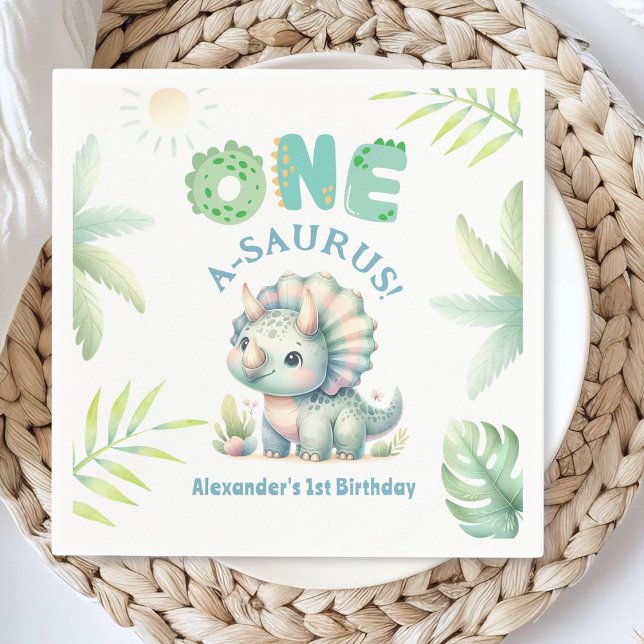 One A-Saurus Triceratops Dinosaur 1st Birthday Napkins (Creator Uploaded)
