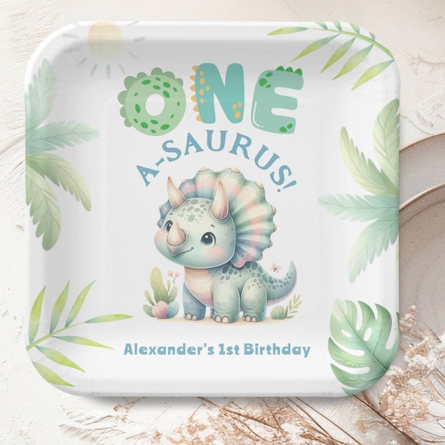 One A-Saurus Triceratops Dinosaur 1st Birthday Paper Plates (Creator Uploaded)