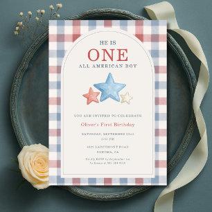 One All American Boy Gingham 1st Birthday Invitation