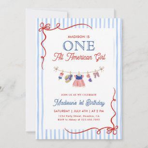 One All American Girl 4th of July 1st Birthday Invitation