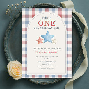 One All American Girl Gingham 1st Birthday Invitation
