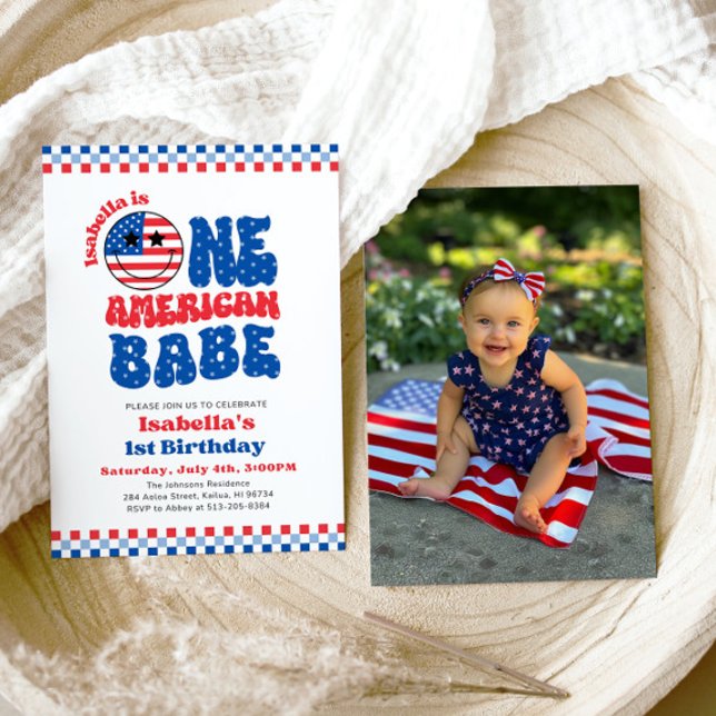 One American Babe 4th Of July First Birthday Party Invitation (Watercolor One American Babe 4th Of July First Birthday Party Invitation)