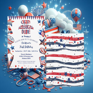 One American Dude 4 July Red White Blue Birthday Invitation
