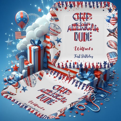  One American Dude 4 July Red White Blue Birthday Paper Plates