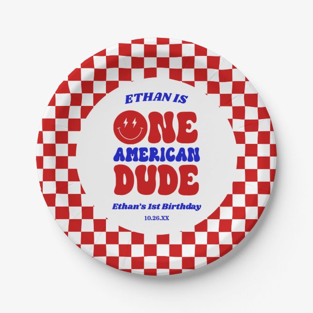 One American Dude 4th of July 1st Birthday Party Paper Plates (Front)