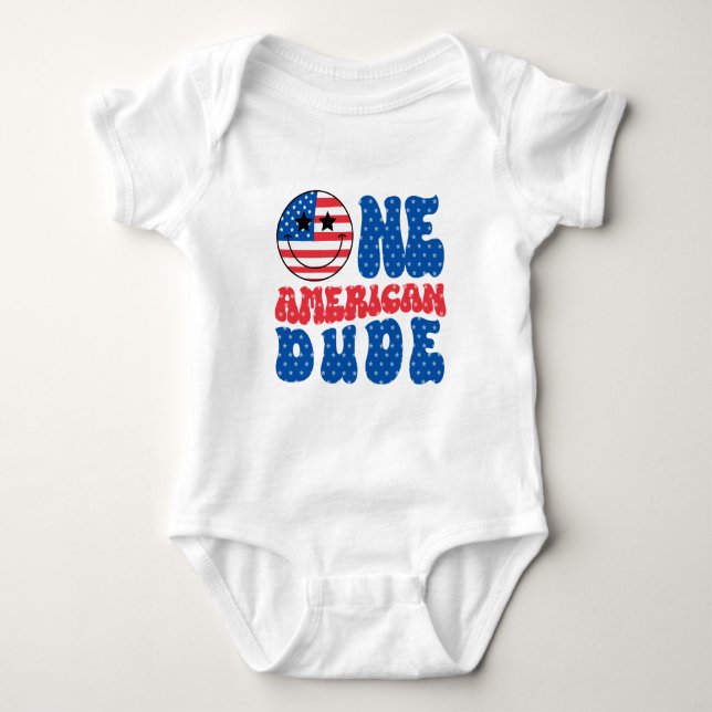 One American Dude 4th Of July First Birthday Baby Bodysuit (Front)