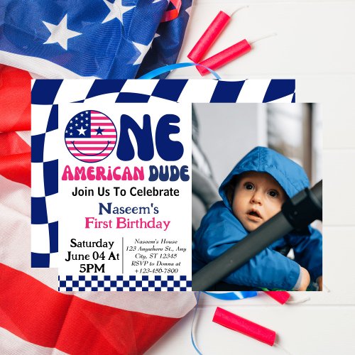 One American Dude Boy 1st Birthday Photo  Invitation