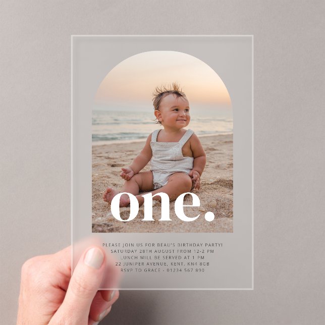 One Arched Photo First Birthday Acrylic Invitations (Insitu (Handheld))