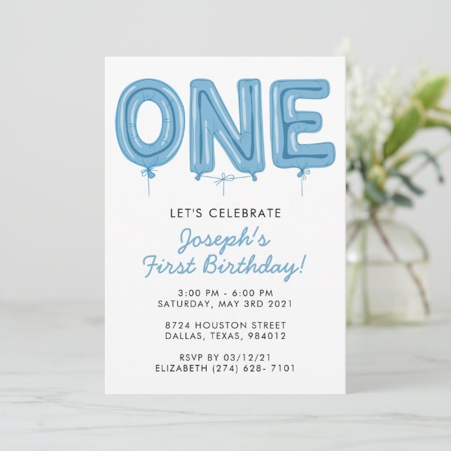 ONE Balloon, First Birthday Boy Invitation (Standing Front)