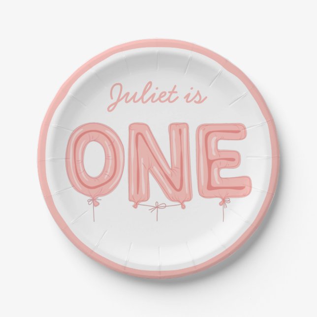 ONE Balloon, First Birthday Girl PARTY PLATE (Front)