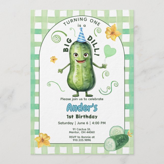 One Big Dill Pickle First Birthday Blue Invitation (Front)