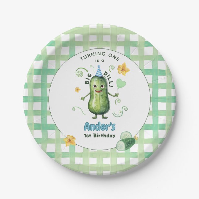 One Big Dill Pickle First Birthday Blue Paper Plates (Front)