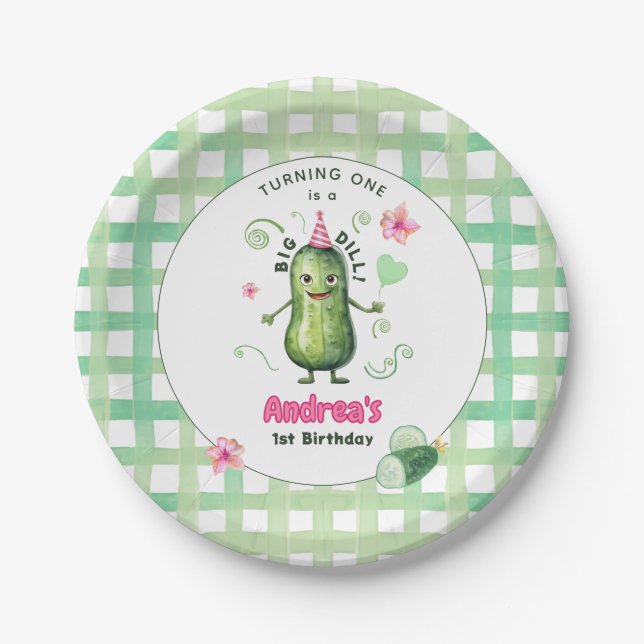 One Big Dill Pickle First Birthday Pink Paper Plates (Front)