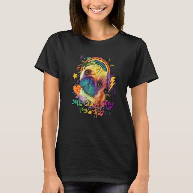 One Big Happy Pugmily Pug Humor Dutch Bulldog Dog  T-Shirt (Front)