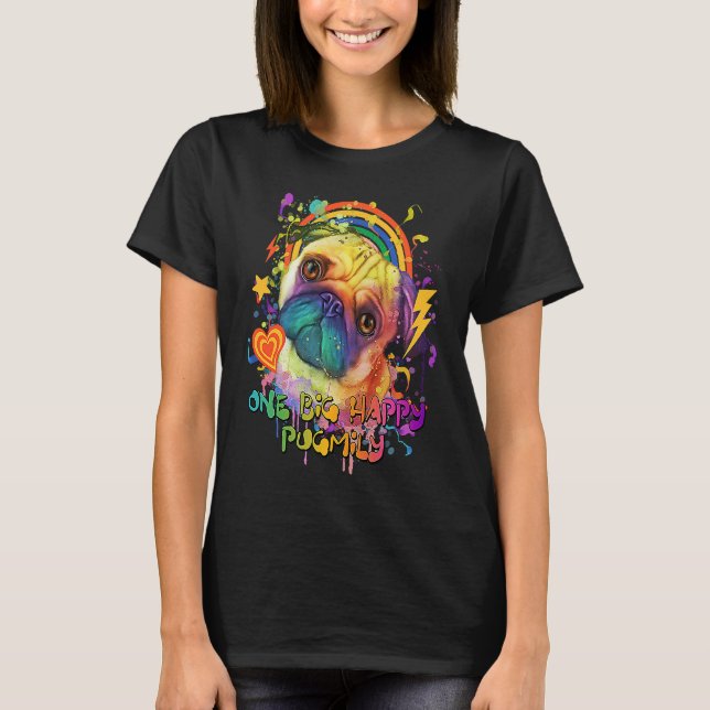 One Big Happy Pugmily  Pug Humor Dutch Bulldog Dog T-Shirt (Front)