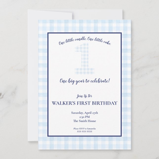 ONE Big Year - Classic Blue Gingham Birthday Invit Invitation (Front)