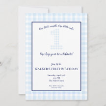 ONE Big Year - Classic Blue Gingham Birthday Invit