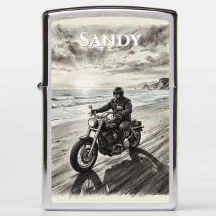 one Biker Riding Beach Ocean Sunset Charcoal Zippo Lighter
