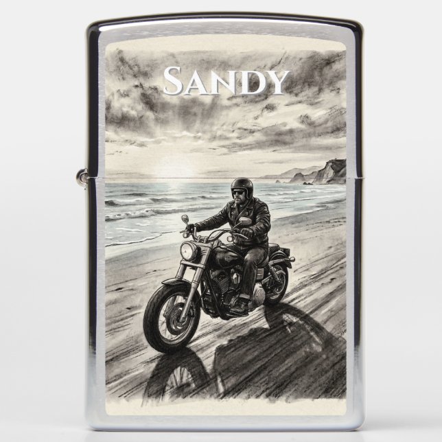 one Biker Riding Beach Ocean Sunset Charcoal Zippo Lighter (Front)