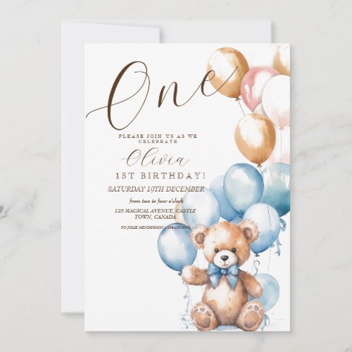 One Birthday Bear Balloons Script Birthday Photo Invitation