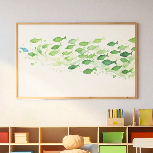 One Blue Fish Watercolor Green  Poster