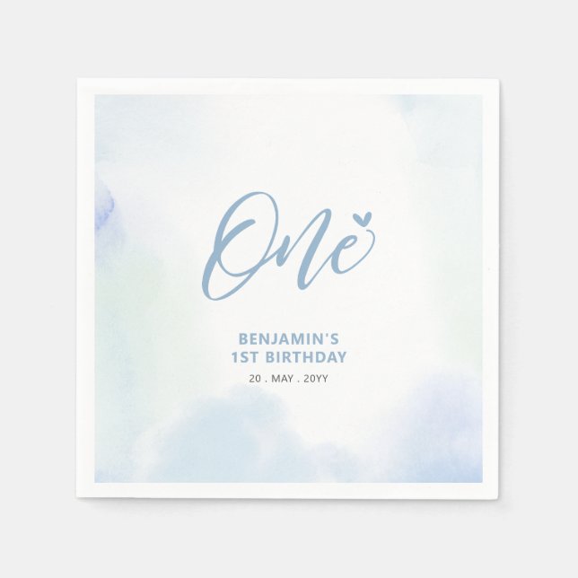 One | Blue Heart & Watercolor Boy 1st Birthday Napkins (Front)