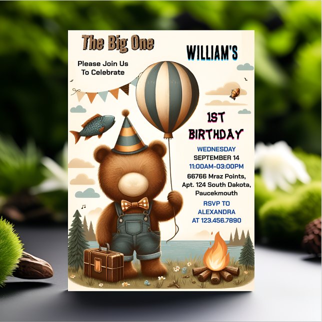 One Brown Fun Fish Boy Cute Baby Bear 1st Birthday Invitation (Creator Uploaded)