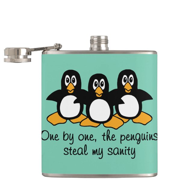 One by One The Penguins Funny Saying Design Hip Flask (Opened)
