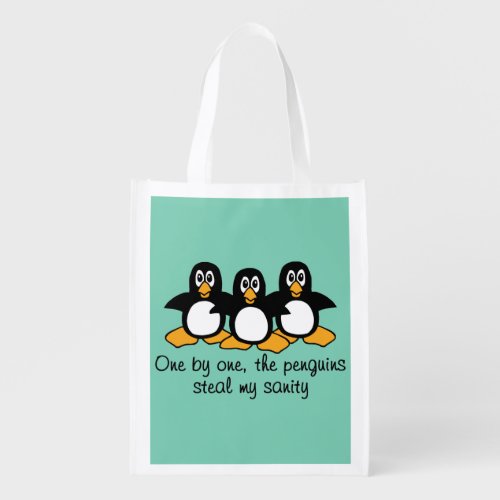 One by One The Penguins Funny Saying Design Reusable Grocery Bag
