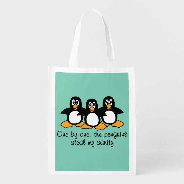 One by One The Penguins Funny Saying Design Reusable Grocery Bag (Front)