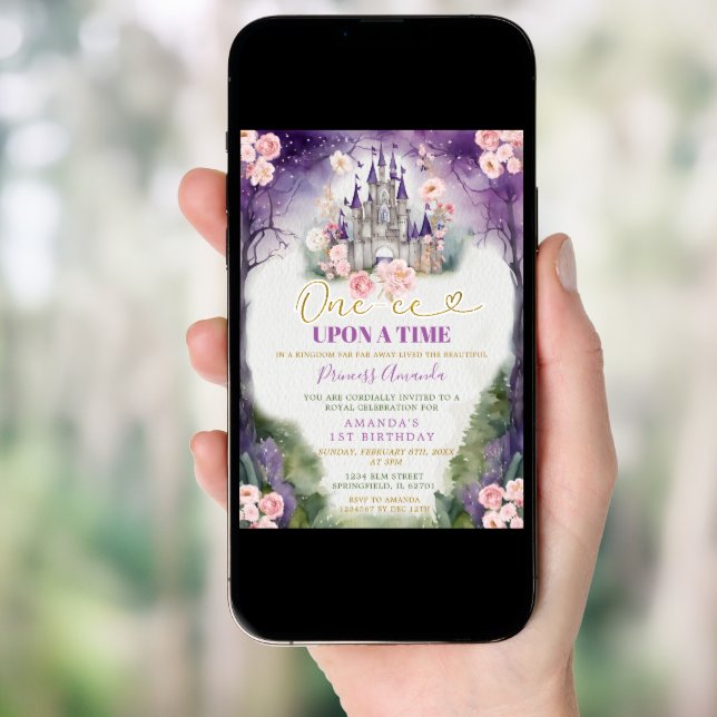 One-ce Upon A Time Purple Castle 1st Birthday Invitation (Front Digital)
