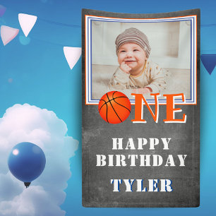 One Chalkboard Basketball Photo 1st Birthday Banner